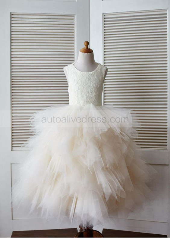 Champagne Lace Ruffled Tulle Cross Back Flower Girl Dress